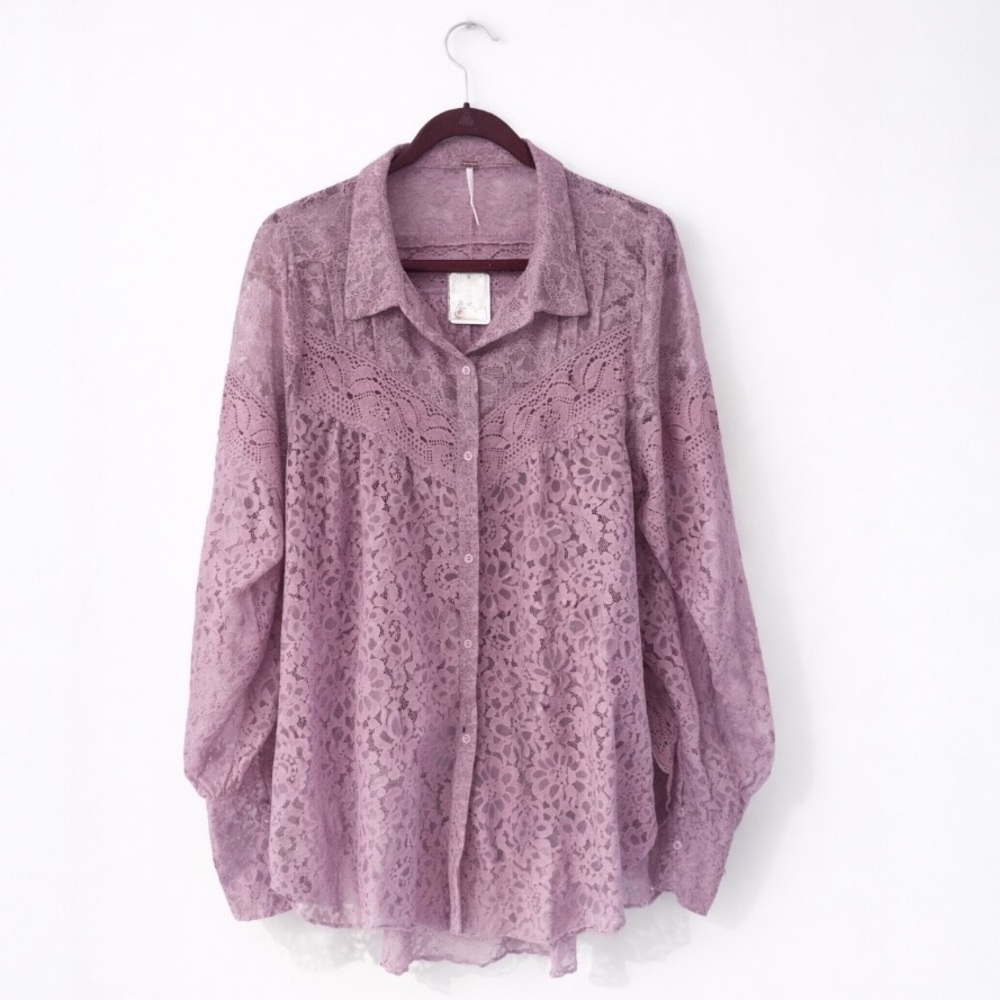 Free People Out West Lace Blouse NWT Lilac Sheer Button Front Top S - Picture 6 of 17